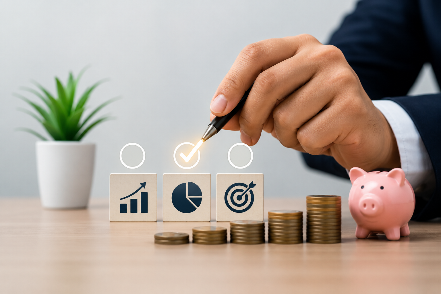 Scheme recommendation with growth, allocation and target icons on a desk
