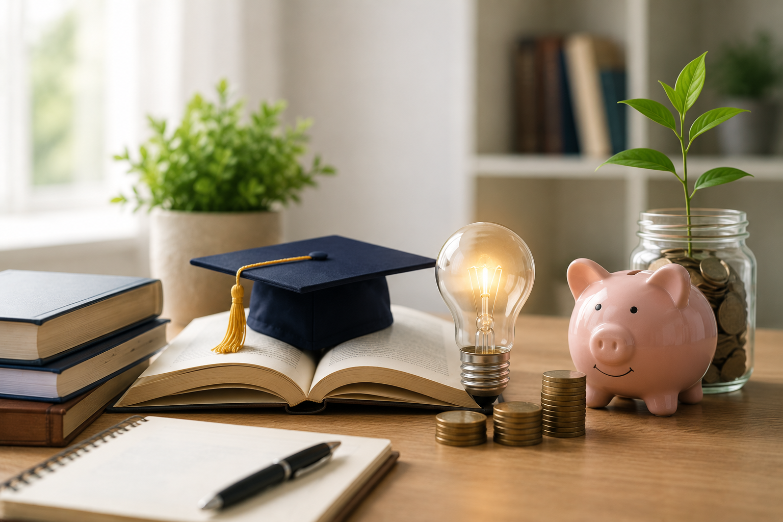 Investor education with books, graduation cap and savings on a desk