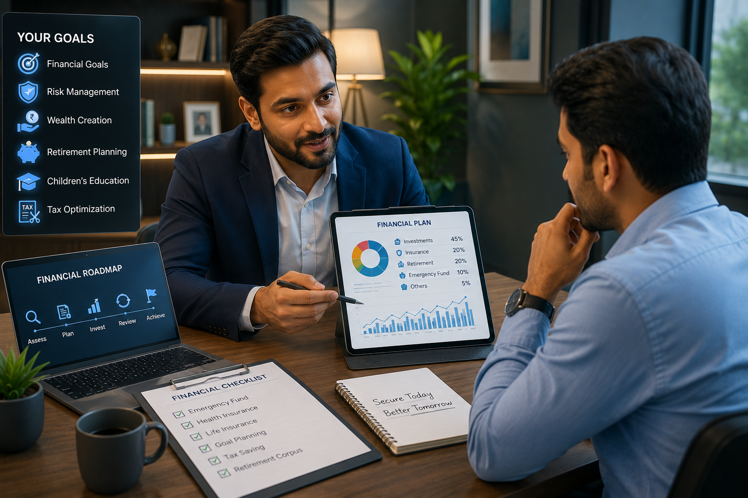Personal financial advisor reviewing a financial plan with a client