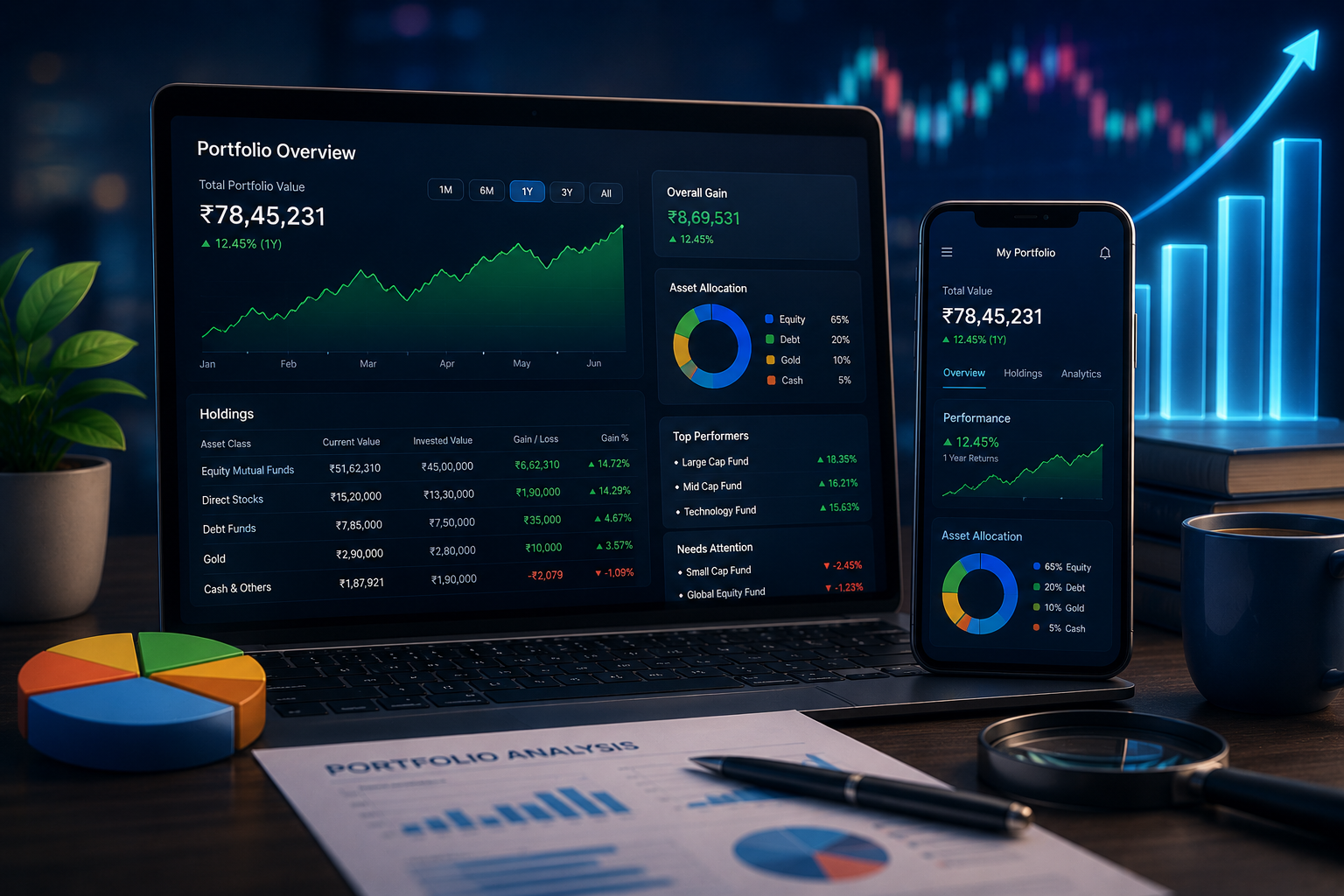 Portfolio tracking and analysis dashboard on laptop and mobile